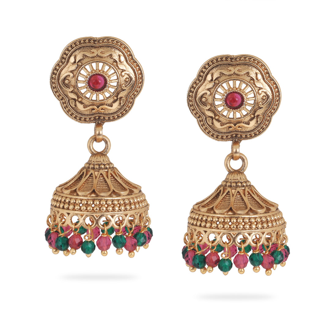 Royal Gold Jhumka with Multicolor Beads