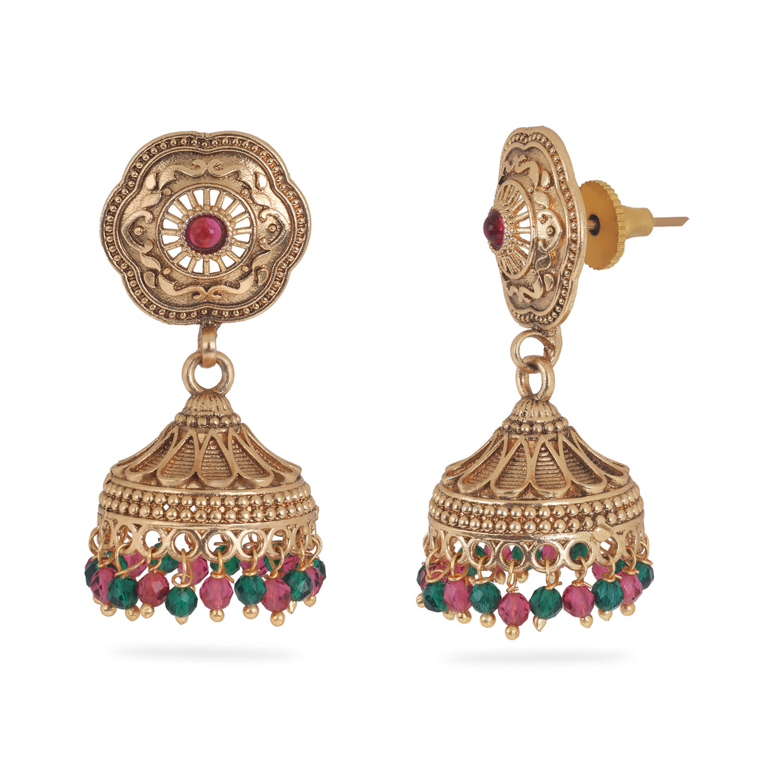 Royal Gold Jhumka with Multicolor Beads