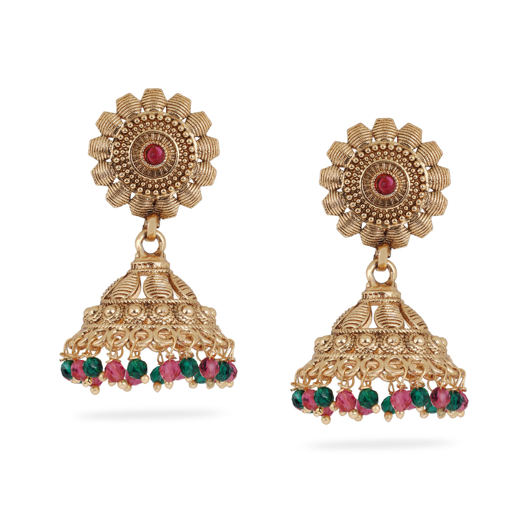 Sunburst Gold Jhumka with Multicolor Beads