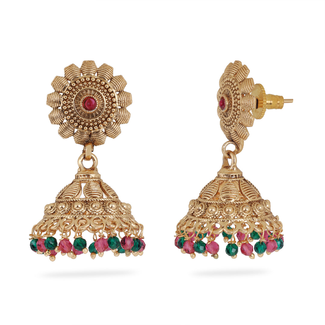 Sunburst Gold Jhumka with Multicolor Beads