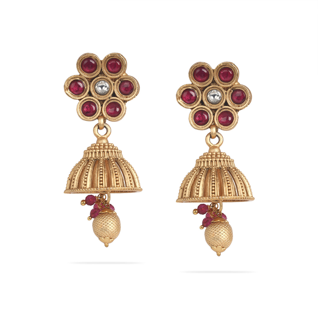 Traditional Ruby and Pearl Embellished Gold Necklace Set
