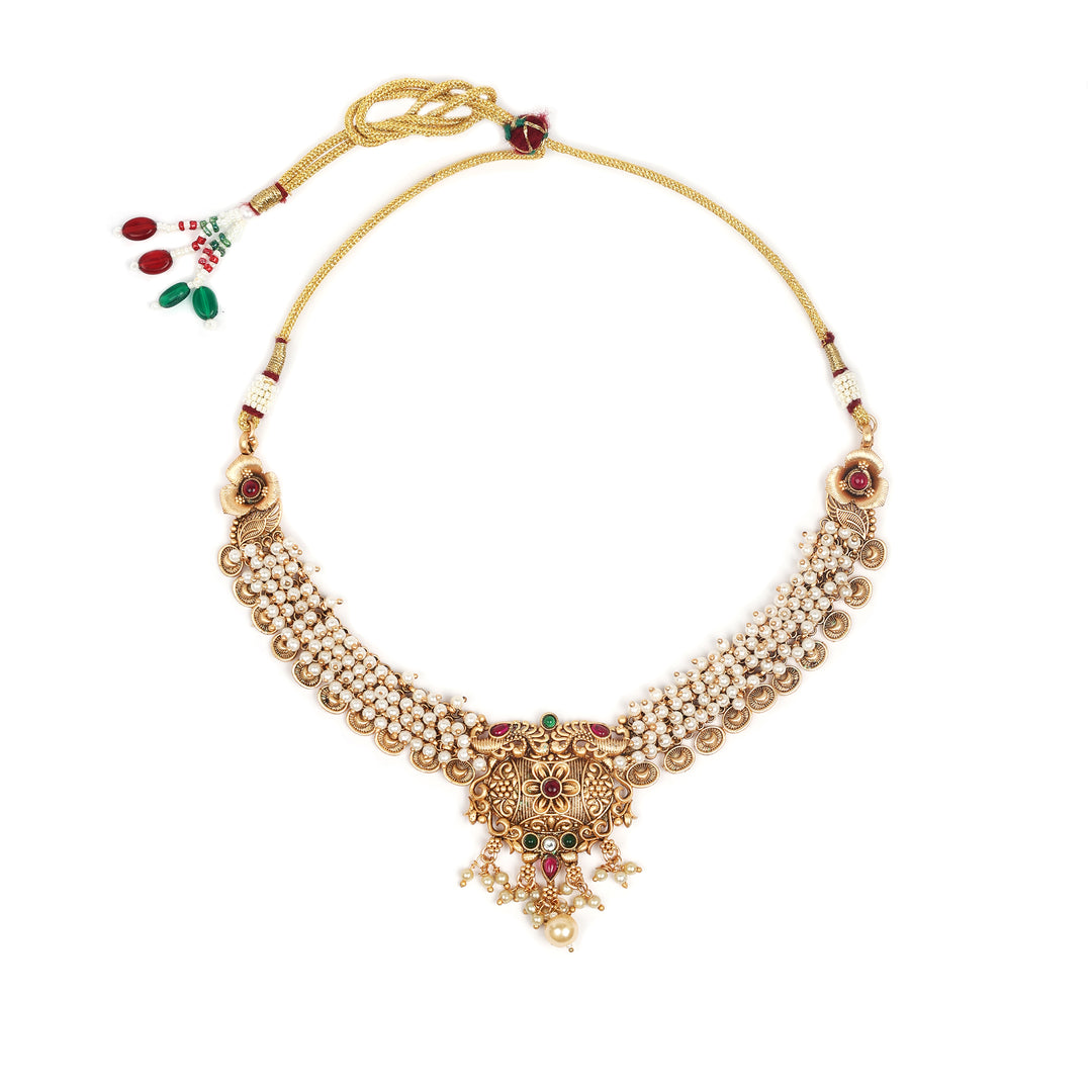 Traditional Gold Bridal Necklace Set with Pearls