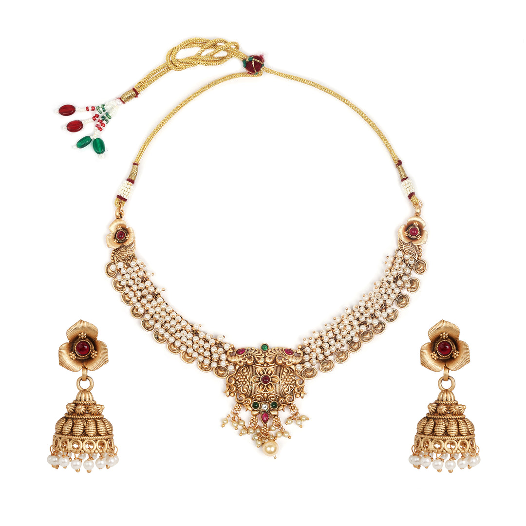 Traditional Gold Bridal Necklace Set with Pearls