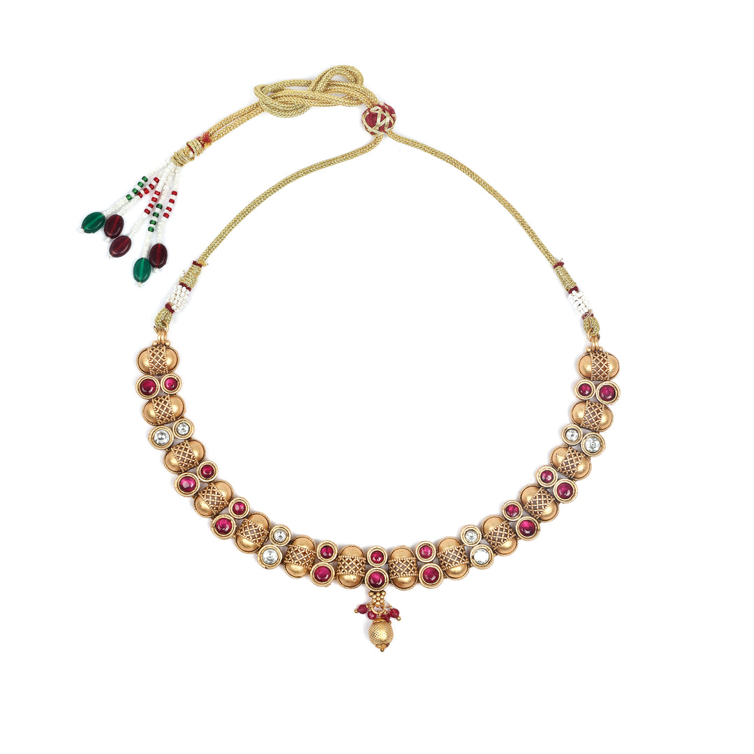 Traditional Ruby and Pearl Embellished Gold Necklace Set