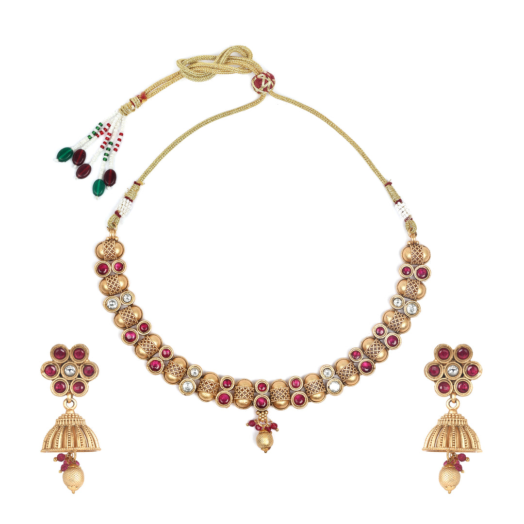 Traditional Ruby and Pearl Embellished Gold Necklace Set