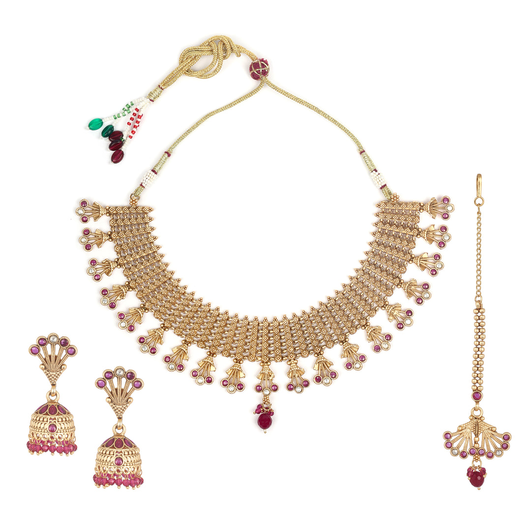 Grand Bridal Necklace Set with Maang Tikka in Gold-Plated Finish
