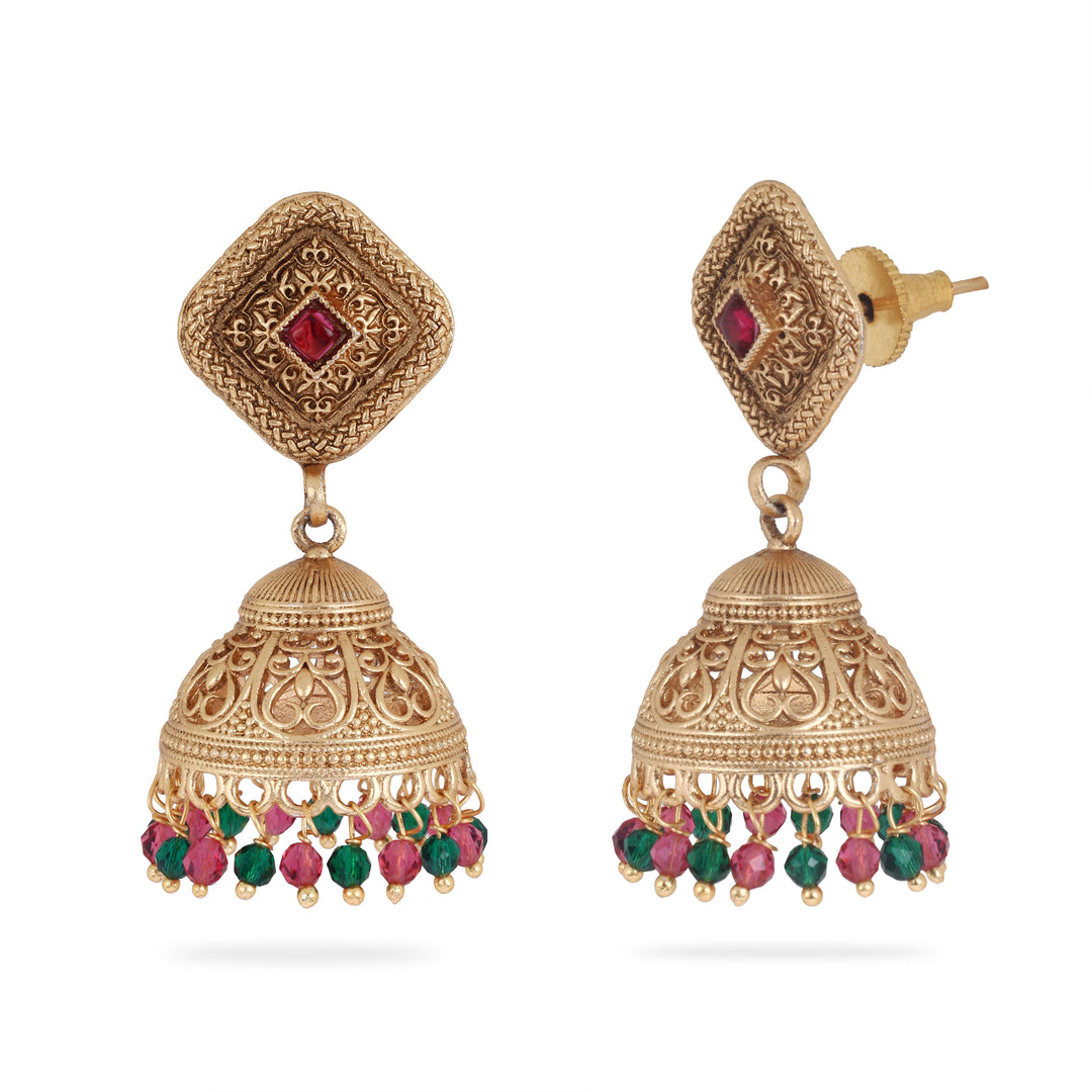 Jhumka Earrings with Red and Green Beads